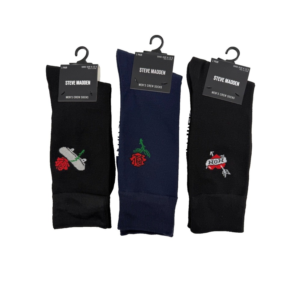Steve Madden Men's Crew Socks 3 Pair Novelty 2 Black 1 Navy Size 10-13 NWT